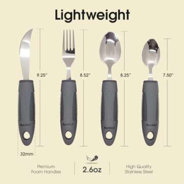 BUNMO Utensils for Elderly, Arthritis, Weak Hand Grip, Tremors & Handicapped - Convenient Travel Pouch - 2.6oz Lightweight - Stainless Steel - Eat Independently - Adaptive Gray 4 Piece Set