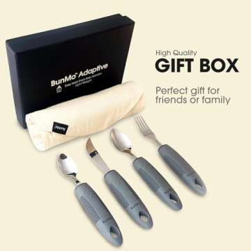 BUNMO Utensils for Elderly, Arthritis, Weak Hand Grip, Tremors & Handicapped - Convenient Travel Pouch - 2.6oz Lightweight - Stainless Steel - Eat Independently - Adaptive Gray 4 Piece Set