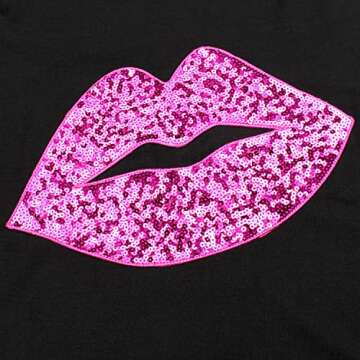 Womens Sexy Sequin Red Lips Shirts Long Sleeve Off Shoulder Tops Blouses, Black+ Pink Lips, X-Large