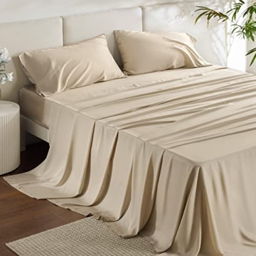 Bedsure Queen Sheet Set – Silky Soft, Cooling & Deep Pocket Bedding in Beige
