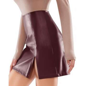 MANGOPOP Womens High Waist Bodycon Mini Short Faux Leather Skirt with Slit (Wine Red, Medium)