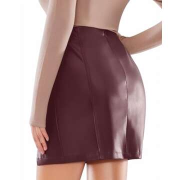 MANGOPOP Womens High Waist Bodycon Mini Short Faux Leather Skirt with Slit (Wine Red, Medium)