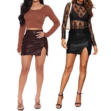 MANGOPOP Womens High Waist Bodycon Mini Short Faux Leather Skirt with Slit (Wine Red, Medium)