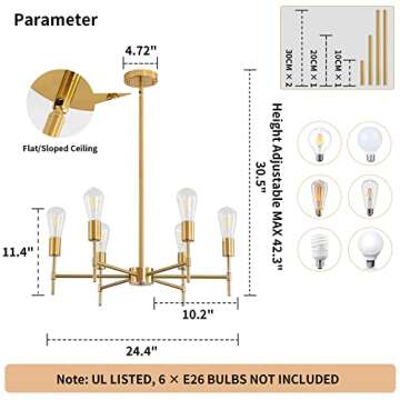 Sputnik Chandeliers Gold, 6-Light Brushed Brass Modern Pendant Lighting, Industrial Vintage Ceiling Light Fixture for Farmhouse Living Room Dining Room Kitchen Bedroom(Metal, Height Adjustable)