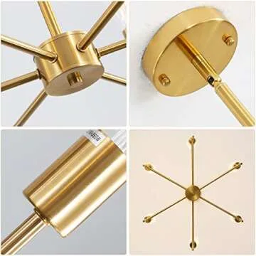 Sputnik Chandeliers Gold, 6-Light Brushed Brass Modern Pendant Lighting, Industrial Vintage Ceiling Light Fixture for Farmhouse Living Room Dining Room Kitchen Bedroom(Metal, Height Adjustable)