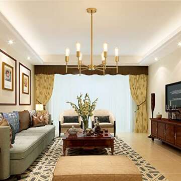 Sputnik Chandeliers Gold, 6-Light Brushed Brass Modern Pendant Lighting, Industrial Vintage Ceiling Light Fixture for Farmhouse Living Room Dining Room Kitchen Bedroom(Metal, Height Adjustable)