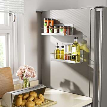 SZQINJI Magnetic Spice Rack Organizer Set of 2, Strong Magnetic Shelf for Refrigerator Space Saving Kitchen Organization, Metal Fridge Shelves for Holding Spices, Jars, Bottle, White