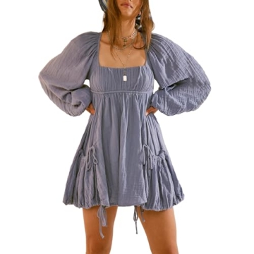 Shiyifa Women's Summer Mini Dress - Casual Square Neck Long Sleeves Sundress with Pockets (Light-Pur...
