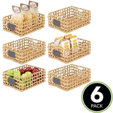 mDesign Hyacinth Open Weave Kitchen Cabinet Pantry Basket with Built-in Chalkboard Label for Organizing Kitchen Pantry, Cabinet, Cupboard, Shelves - Holds Food, Drinks, Snacks, 6 Pack, Natural/Tan