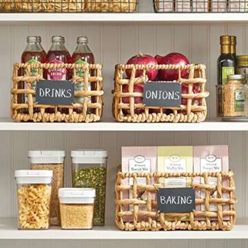 mDesign Hyacinth Open Weave Kitchen Cabinet Pantry Basket with Built-in Chalkboard Label for Organizing Kitchen Pantry, Cabinet, Cupboard, Shelves - Holds Food, Drinks, Snacks, 6 Pack, Natural/Tan