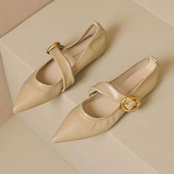 Zeberfi Women's Leather Mary Jane Flat Shoes with Adjust Metal Buckle Fashion Closed Pointed Toe Shallow Mouth Slip On Comfortable Luxury Business Wedding Dress Shoes (Brown,6)