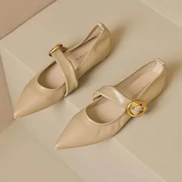 Zeberfi Women's Leather Mary Jane Flat Shoes with Adjust Metal Buckle Fashion Closed Pointed Toe Shallow Mouth Slip On Comfortable Luxury Business Wedding Dress Shoes (Brown,6)