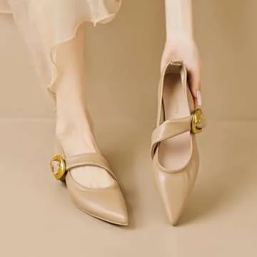 Zeberfi Women's Leather Mary Jane Flat Shoes with Adjust Metal Buckle Fashion Closed Pointed Toe Shallow Mouth Slip On Comfortable Luxury Business Wedding Dress Shoes (Brown,6)