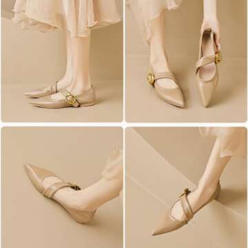 Zeberfi Women's Leather Mary Jane Flat Shoes with Adjust Metal Buckle Fashion Closed Pointed Toe Shallow Mouth Slip On Comfortable Luxury Business Wedding Dress Shoes (Brown,6)