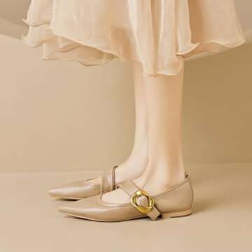 Zeberfi Women's Leather Mary Jane Flat Shoes with Adjust Metal Buckle Fashion Closed Pointed Toe Shallow Mouth Slip On Comfortable Luxury Business Wedding Dress Shoes (Brown,6)