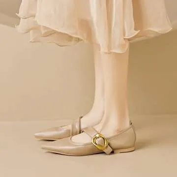 Zeberfi Women's Leather Mary Jane Flat Shoes with Adjust Metal Buckle Fashion Closed Pointed Toe Shallow Mouth Slip On Comfortable Luxury Business Wedding Dress Shoes (Brown,6)