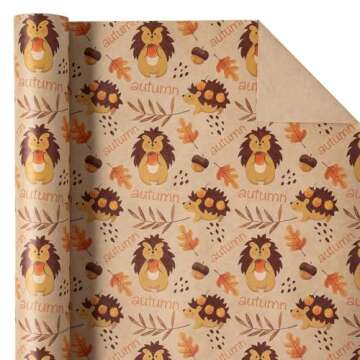 WRAPAHOLIC Kraft Autumn Wrapping Paper - Mini Roll - 17 Inch x 33 Feet - Hedgehog and Autumn Letteri...