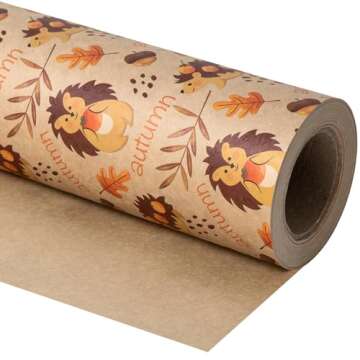 WRAPAHOLIC Kraft Autumn Wrapping Paper - Mini Roll - 17 Inch x 33 Feet - Hedgehog and Autumn Lettering Design for Fall, Thanksgiving, Party, Holiday