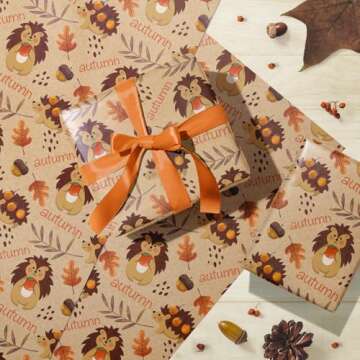 WRAPAHOLIC Kraft Autumn Wrapping Paper - Mini Roll - 17 Inch x 33 Feet - Hedgehog and Autumn Lettering Design for Fall, Thanksgiving, Party, Holiday