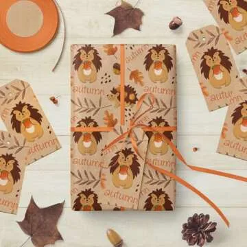 WRAPAHOLIC Kraft Autumn Wrapping Paper - Mini Roll - 17 Inch x 33 Feet - Hedgehog and Autumn Lettering Design for Fall, Thanksgiving, Party, Holiday