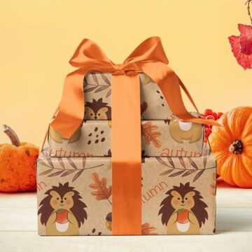 WRAPAHOLIC Kraft Autumn Wrapping Paper - Mini Roll - 17 Inch x 33 Feet - Hedgehog and Autumn Lettering Design for Fall, Thanksgiving, Party, Holiday