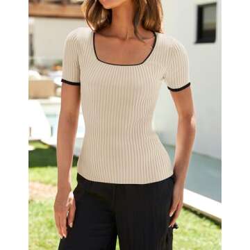 ZESICA Women's Short Sleeve Square Neck Color Block T Shirt 2025 Summer Slim Fit Ribbed Knit Basic T...