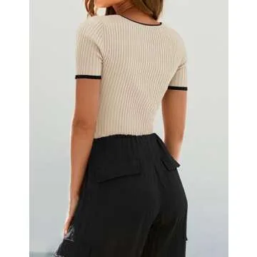 ZESICA Women's Short Sleeve Square Neck Color Block T Shirt 2025 Summer Slim Fit Ribbed Knit Basic Tee Tops,Apricot,Medium