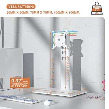 Single LCD Computer Monitor Free-Standing Desk Stand Riser for 13 inch to 32 inch Screen with Swivel, Height Adjustable, Rotation, Holds One (1) Screen up to 77Lbs(HT05W-001) White