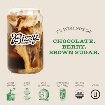 Bizzy Organic Cold Brew Coffee | Espresso Blend | Coarse Ground Coffee | Medium-Dark Roast | Micro Sifted | Specialty Grade | 100% Arabica | Brew Bags | 12 Count | Makes 42 Cups