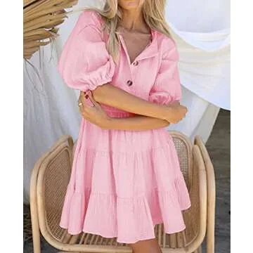 R.Vivimos Women's Summer Linen Puff Sleeves Casual Button Up A-Line Casual Skater Mini Dresses (Smal...