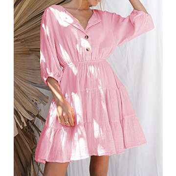 R.Vivimos Women's Summer Linen Puff Sleeves Casual Button Up A-Line Casual Skater Mini Dresses (Small, Pink)