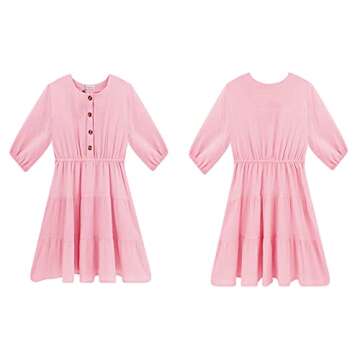 R.Vivimos Women's Summer Linen Puff Sleeves Casual Button Up A-Line Casual Skater Mini Dresses (Small, Pink)
