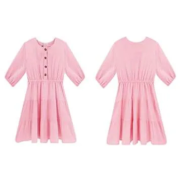 R.Vivimos Women's Summer Linen Puff Sleeves Casual Button Up A-Line Casual Skater Mini Dresses (Small, Pink)