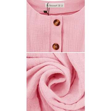 R.Vivimos Women's Summer Linen Puff Sleeves Casual Button Up A-Line Casual Skater Mini Dresses (Small, Pink)