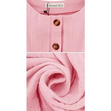 R.Vivimos Women's Summer Linen Puff Sleeves Casual Button Up A-Line Casual Skater Mini Dresses (Small, Pink)