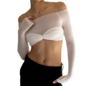 Y2K Off Shoulder Long Sleeve T Shirts Solid Slash Neck Elegant Slim Fit Tops 2000s Aesthetic Pullove...
