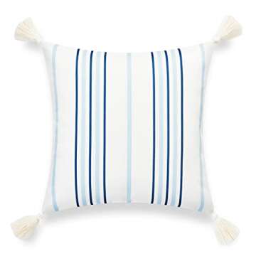 Hofdeco Premium Coastal Hampton Style Patio Indoor Outdoor Throw Pillow Cover Only, 18"x18" Water Resistant for Backyard, Couch, Baby Blue Navy Stripe Tassel