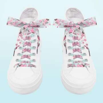 GOOTRADES 4 Pairs Flat Chiffon Shoelaces with Flower Prints for Kids, Youths & Women's Sneakers,120c...