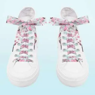 GOOTRADES 4 Pairs Flat Chiffon Shoelaces with Flower Prints for Kids, Youths & Women's Sneakers,120c...