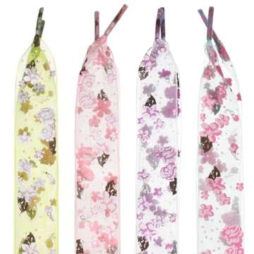 GOOTRADES 4 Pairs Flat Chiffon Shoelaces with Flower Prints for Kids, Youths & Women's Sneakers,120cm /47 inch (4 Colors-set)