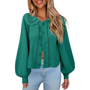 Saodimallsu Womens Puff Sleeve Cardigans 2024 Fall Babydoll Collared Button Loose Ribbed Knit Color Block Sweater Coats Green