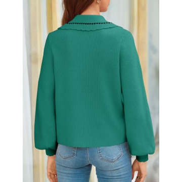Saodimallsu Womens Puff Sleeve Cardigans 2024 Fall Babydoll Collared Button Loose Ribbed Knit Color Block Sweater Coats Green