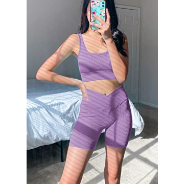 niyokki Yoga Outfit for Women Seamless 2 Piece Workout Gym High Waist Leggings with Sport Bra Set(Violet Purple, M)