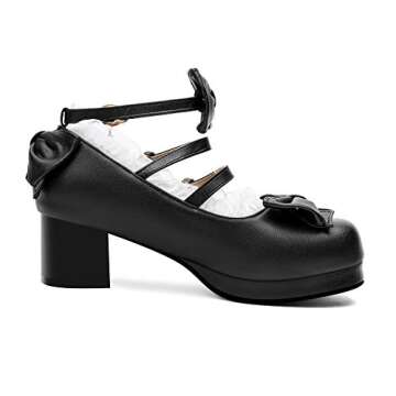 100FIXEO Women's Kawaii Platform Ankle Strap Chunky Heel Mary Jane Pumps Cute Closed Toe Goth Strappy Bow Lace Party Dress Shoes (Black, 8)