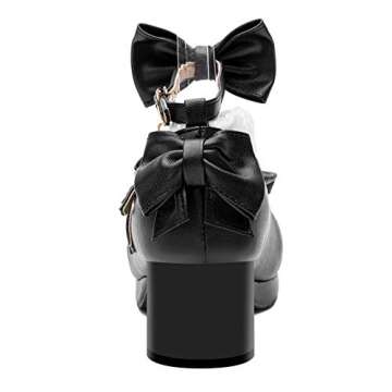 100FIXEO Women's Kawaii Platform Ankle Strap Chunky Heel Mary Jane Pumps Cute Closed Toe Goth Strappy Bow Lace Party Dress Shoes (Black, 8)