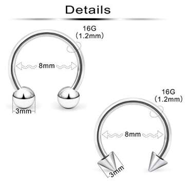 Ftovosyo 40Pcs 16G Surgical Steel Nose Septum Rings Piercing Jewelry Horseshoe Cartilage Helix Tragus Earring Hoop Eyebrow Lip Hoop Retainer for Women Men 8mm 5/16 Inch Silver Black