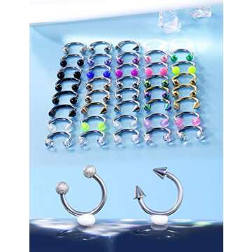 Ftovosyo 40Pcs 16G Surgical Steel Nose Septum Rings Piercing Jewelry Horseshoe Cartilage Helix Tragus Earring Hoop Eyebrow Lip Hoop Retainer for Women Men 8mm 5/16 Inch Silver Black