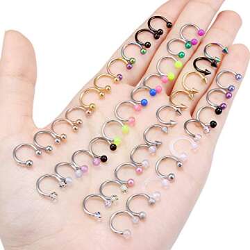 Ftovosyo 40Pcs 16G Surgical Steel Nose Septum Rings Piercing Jewelry Horseshoe Cartilage Helix Tragus Earring Hoop Eyebrow Lip Hoop Retainer for Women Men 8mm 5/16 Inch Silver Black