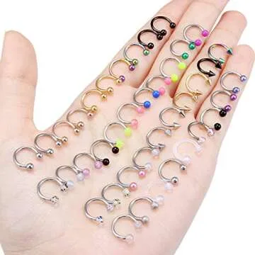 Ftovosyo 40Pcs 16G Surgical Steel Nose Septum Rings Piercing Jewelry Horseshoe Cartilage Helix Tragus Earring Hoop Eyebrow Lip Hoop Retainer for Women Men 8mm 5/16 Inch Silver Black