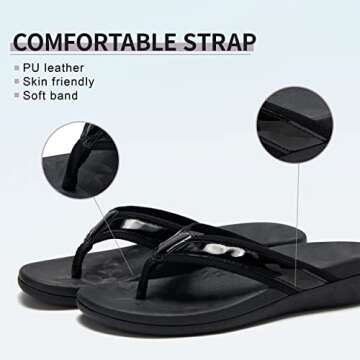 MEGNYA Comfortable Orthopedic Flip Flops for Women, Best Plantar Fasciitis Sandals for Flat Feet with Arch Support, Thong Sandals for walking Beach black Black Size 8